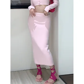 Pembe Uzun Etek Kadın Seksi Moda Örme Elastik Bodycon Etekler Yüksek Belli Bir Çizgi Katı Kore Tarzı Y2K Midi Etek Zarif