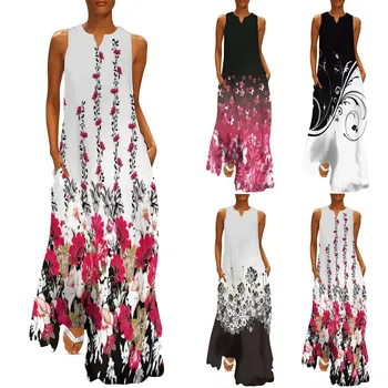 Yeni Çiçek Uzun Maxi Elbise Kadınlar için Casual Vintage Baskı Gevşek Cep Plaj Elbise Kadın Yaz Akşam Parti Boho Elbiseler Elbise