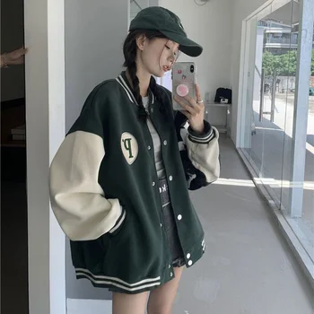 Harajuku Beyzbol Ceket Kadınlar Boy Kore Tarzı Kolej üniversite ceketleri Yeşil Bombacı Palto Streetwear Çift Gevşek