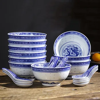 10 adet Jingdezhen Mavi ve Beyaz Porselen Seramik Kase Sıraltı Renk Sofra Şehriye Kase Vintage Ejderha pirinç kaseleri Mutfak