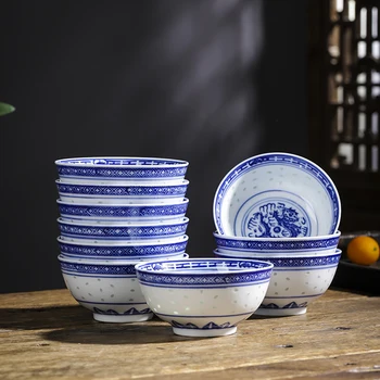 10 adet Jingdezhen Mavi ve Beyaz Porselen Seramik Kase Sıraltı Renk Sofra Şehriye Kase Vintage Ejderha pirinç kaseleri Mutfak
