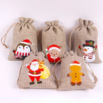 Noel Pamuk Keten İpli Çanta Noel Goodie Torbalar Hediye Paketleme Ambalaj Poşetleri Takı Şeker Depolama Doğum Günü Partisi