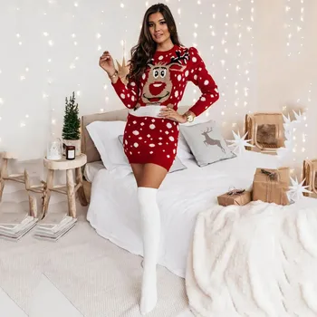 Kadınlar Noel Baskılı Örme Elbise Sonbahar Kış Sıcak Zarif Slim Fit Elastik Mini Kazak Elbiseler Kadın Sevimli Midi vestidos