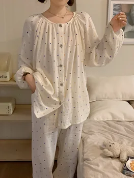 Sevimli Renkli Nokta Sonbahar Pijama Seti Kadın O-boyun Tek Göğüslü Gömlek + Pantolon Pamuklu Rahat Pijama Ev Takım Elbise Gevşek 2023