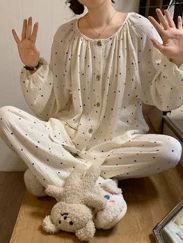 Sevimli Renkli Nokta Sonbahar Pijama Seti Kadın O-boyun Tek Göğüslü Gömlek + Pantolon Pamuklu Rahat Pijama Ev Takım Elbise Gevşek 2023