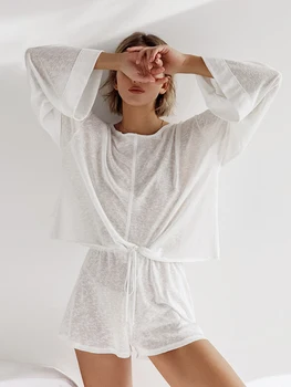 Hiloc Bağlama Pijama kadın Ev Giysileri 2023 Beyaz See Through Seksi Pijama Kadın Uyku Uzun Kollu O Boyun Loungewear