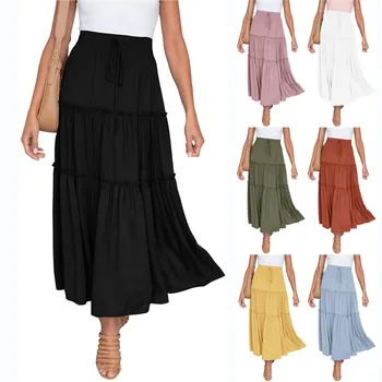 Yaz Fırfır Katmanlı Uzun Etekler Vintage Kadın Etek Günlük Katı Rahat Gevşek Elastik Bel Etekler Büyük Boy Kadın Vestidos