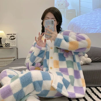Kış kadın Pijama Seti Kalınlaşmak Peluş Sıcak 2 Parça Pijama Takım Elbise Yeni Karikatür Kore Eğlence Ev Giysileri Renkli Çiçekler