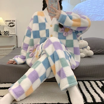 Kış kadın Pijama Seti Kalınlaşmak Peluş Sıcak 2 Parça Pijama Takım Elbise Yeni Karikatür Kore Eğlence Ev Giysileri Renkli Çiçekler
