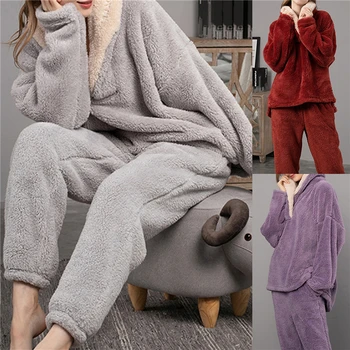 Sonbahar kadın Pijama 2 adet Ceket + pantolon Düz Renk Kalın Peluş Bayan Ev Hizmeti V Yaka kadın Pijama