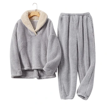 Sonbahar kadın Pijama 2 adet Ceket + pantolon Düz Renk Kalın Peluş Bayan Ev Hizmeti V Yaka kadın Pijama