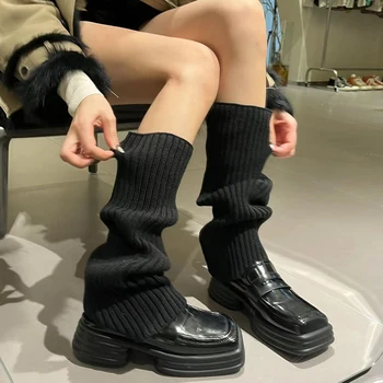 Kadın Kış Sıcak Örme Bacak ısıtıcıları Retro Punk Tarzı Nervürlü Örgü diz üstü çorap bot paçaları Topper Gençler Harajuku Y2K