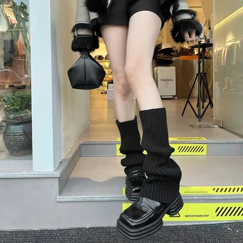 Kadın Kış Sıcak Örme Bacak ısıtıcıları Retro Punk Tarzı Nervürlü Örgü diz üstü çorap bot paçaları Topper Gençler Harajuku Y2K