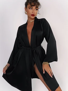 Lınad Siyah Elbiseler Kadınlar İçin Gevşek Uzun Kollu V Boyun Pijama Sashes Sonbahar Bornoz Kadın Rahat Pijama Katı Kıyafeti