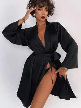 Lınad Siyah Elbiseler Kadınlar İçin Gevşek Uzun Kollu V Boyun Pijama Sashes Sonbahar Bornoz Kadın Rahat Pijama Katı Kıyafeti