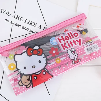 5 adet Karikatür Sanrio Sevimli Hello Kitty Izgara Dosya Çantası Okul Malzemeleri Kalem Kutusu test kağıdı Çantası Fermuar Veri şeffaf ağ Çanta